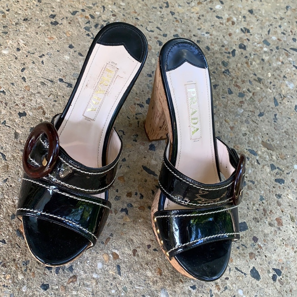 Prada Black Patent Leather Platform Sandals with Brown Buckle - Picture 2 of 6